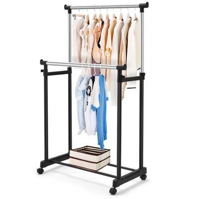 Rolbare Kledingrek Dubbele Stangen Inhoogte Verstelbaar Kledingrek Draagbare Kledingrek met Wielen 86 x 43 x (94-168) cm