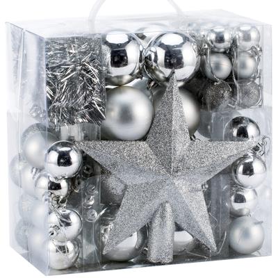 Kerstboomballen kunststof kleur Zilver set van 77 stuks