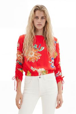 Korte aangerimpelde blouse met bloemen - RED - XXL