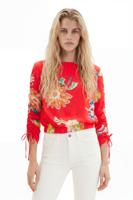 Korte aangerimpelde blouse met bloemen - RED - XXL