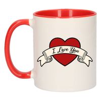 I love you cadeau koffiemok / theebeker rood en wit met hartjes 300 ml - feest mokken - thumbnail