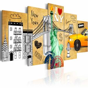 Schilderij - New York City - I love NY, Geel, 5luik, premium print