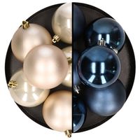 12x stuks kunststof kerstballen 8 cm mix van donkerblauw en champagne - Kerstbal - thumbnail