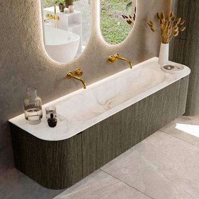 Badmeubel Mondiaz Kurve-Dlux | 170 cm cm | Meubelkleur Shadow | Wastafelkleur Frappe | Solid surface | Wasbak midden spoelbak | Zonder kraangat(en)