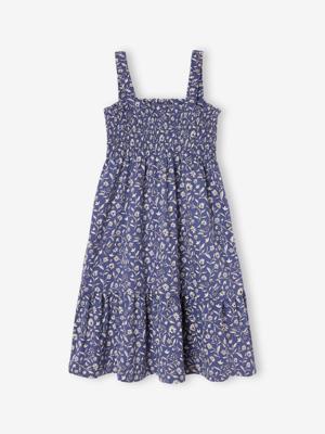 Meisjesjurk met gesmokte bretels en bloemenprint indigoblauw