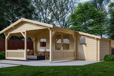 Blokhut 440x340 cm + luifel 300 cm + zijaanbouw 150 cm - geïmpregneerd- Zadeldak- Geïmpregneerd vurenhout- Interflex