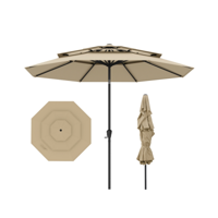 300 CM Terrasparasol met Geventileerd 3-Niveau Dak Grote Buitenparasol met Drukknop Kantelen Slinger 8 Stijve Baleinen-Beige