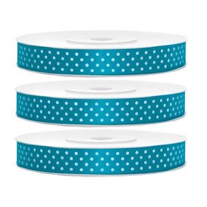 3x Hobby/decoratie turquoiseblauwe satijnen sierlinten met witte stippen 1,2 cm/12 mm x 25 meter