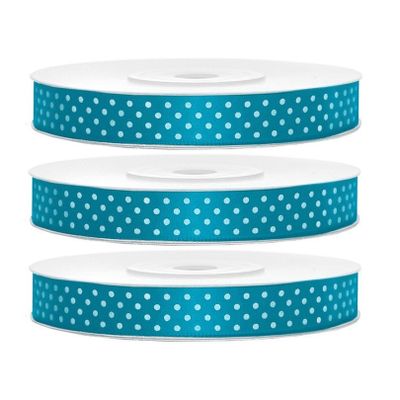3x Hobby/decoratie turquoiseblauwe satijnen sierlinten met witte stippen 1,2 cm/12 mm x 25 meter