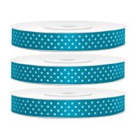 3x Hobby/decoratie turquoiseblauwe satijnen sierlinten met witte stippen 1,2 cm/12 mm x 25 meter - thumbnail