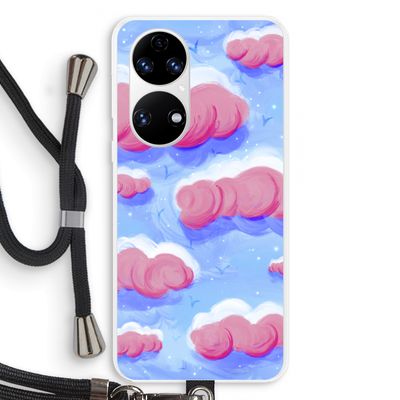 Roze wolken met vogels: Huawei P50 Transparant Hoesje met koord