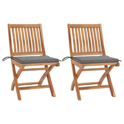 Tuinstoelen 2 st met grijze kussens massief teakhout