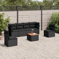 7-delige Loungeset met kussens poly rattan zwart