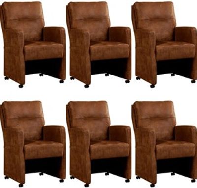 Set van 6 Bruine leren landelijke eetkamerfauteuils Sharp - Kenia Leer Brown (bruin leer)