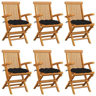 Tuinstoelen 6 st met zwarte kussens massief teakhout