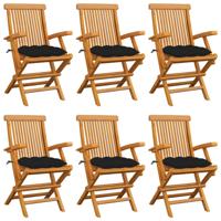 Tuinstoelen 6 st met zwarte kussens massief teakhout