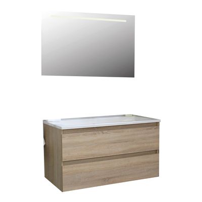 Badkamermeubel BWS Pepper Acryl Wastafel Incl Spiegel Met LED Verlichting Met 2 Kraangaten 100x55x46 cm Eiken