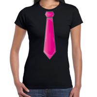 Verkleed t-shirt voor dames - stropdas roze - zwart - carnaval - foute party - verkleedshirt