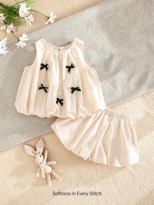 Bon&Bon 2pcs Baby Girl Bowknot Decor Round Neck Sleeveless Top And Elastic Waist Shorts Set Apricot / 12-18M