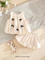 Bon&Bon 2pcs Baby Girl Bowknot Decor Round Neck Sleeveless Top And Elastic Waist Shorts Set Apricot / 12-18M
