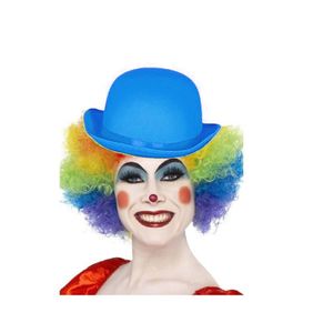 Clown verkleed set gekleurde pruik met bolhoed blauw