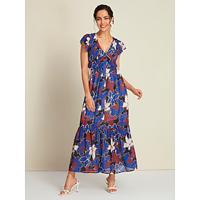 Dames Chiffon jurk Jurk met print Elegante jurk Maxi-jurk blauw Korte mouw Blad Planten Gesmokt Lente zomer V-hals Elegant Dagelijks Dames S M L - thumbnail