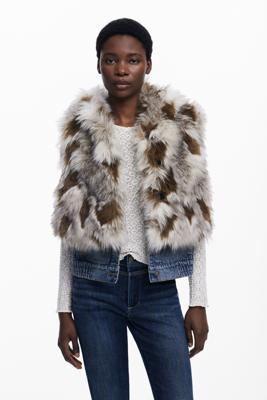 Denim gilet met bont - BROWN - S
