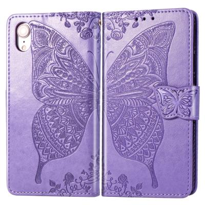Butterfly Love bloemen reliëf horizontale Flip lederen case voor iPhone XR met houder & kaartsleuven & portemonnee & Lanyard (licht paars)