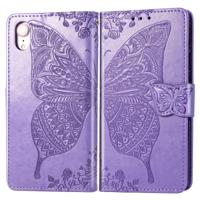 Butterfly Love bloemen reliëf horizontale Flip lederen case voor iPhone XR met houder & kaartsleuven & portemonnee & Lanyard (licht paars)