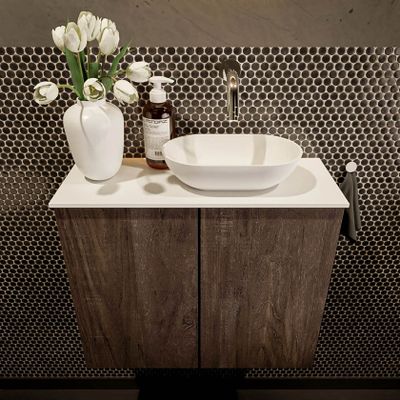 Mondiaz Fowy toiletmeubel 60cm dark brown met blad en waskom talc rechts zonder kraangat