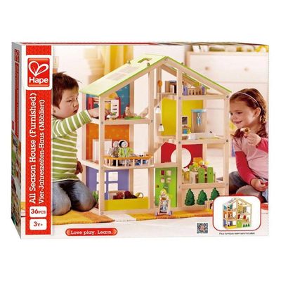 Hape houten 4 seizoenen poppenhuis met meubels