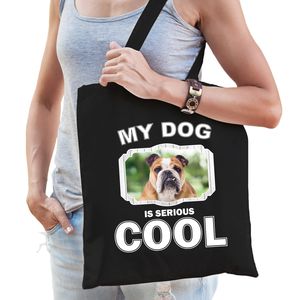 Katoenen tasje my dog is serious cool zwart - Engelse Bulldog honden cadeau tas