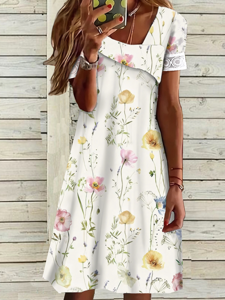 Cotton Casual Asymmetrical Floral Dress With No