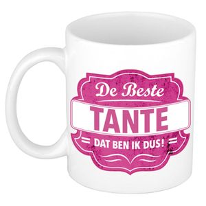 De beste tante dat ben ik cadeau mok / beker wit met roze embleem 300 ml   -