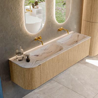 Badmeubel Mondiaz Kurve-Dlux | 165 cm | Meubelkleur Oak | Wastafelkleur Nata | Solid surface | Dubbel / Rechts spoelbak | Zonder kraangat(en)