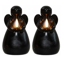 Anna's Collection LED kaars engel - 2x - zwart - 14 x 8 cm - met timer - op batterijen - kerst