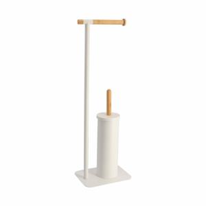 Toiletborstel met toiletrolhouder - vrijstaand - wit - metaal/bamboe - 67 cm