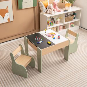 3-Delige Kinderzitgroep van Hout 4-In-1 Kindertafel met 2 Stoelen en Afneembaar Bord Kindermeubelset met Opbergruimte Groen