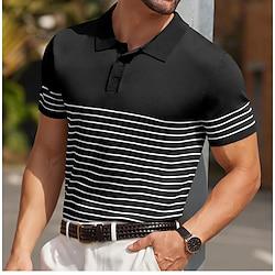 Voor heren Gebreide polo Golfshirt Casual Feestdagen Knoop Klassiek Korte mouw Modieus Gestreept Knoop voorzijde Zomer Lente Herfst Zwart Wit Champagne Gebreide polo Lightinthebox