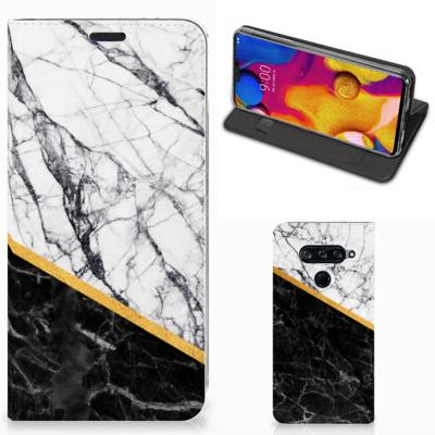 LG V40 Thinq | Standcase | Marmer Wit Zwart - Origineel Cadeau Man