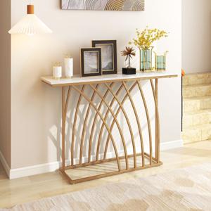 120 cm Lange Gouden Consoletafel Moderne Entreetafel met Wit Kunstmarmeren Blad en Geometrische Basis Slanke Lange Banktafel