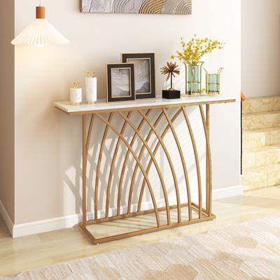 120 cm Lange Gouden Consoletafel Moderne Entreetafel met Wit Kunstmarmeren Blad en Geometrische Basis Slanke Lange Banktafel