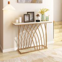 120 cm Lange Gouden Consoletafel Moderne Entreetafel met Wit Kunstmarmeren Blad en Geometrische Basis Slanke Lange Banktafel