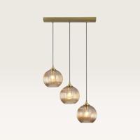 Hanglamp Globo ambra III - Drie bollen van geribbeld amberkleurig glas in verschillende vormen, met een speels effect - Zonder lichtbron