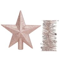 Kerstversiering kunststof glitter ster piek 19 cm en sterren slingers pakket lichtroze van 3x stuks