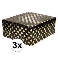 3x Zwart folie inpakpapier/cadeaupapier gouden stip 200 x 70 cm   -