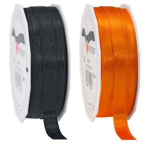 2x rollen satijn sierlint/cadeaulint - zwart en oranje - 1 cm x 25m p/rol