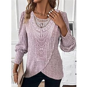 Dames Blouse Geklede topjes Kant Dagelijks Casual Lange mouw Strakke ronde hals Blozend Roze Lente Herfst Lightinthebox