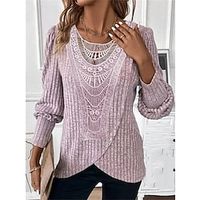 Dames Blouse Geklede topjes Kant Dagelijks Casual Lange mouw Strakke ronde hals Blozend Roze Lente Herfst Lightinthebox