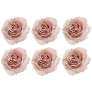 Decoratie roos - 6x - op clip - poeder roze - D14 cm - kunststof - bruiloft versiering - bloemen